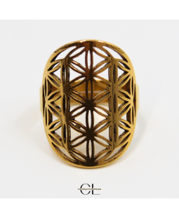 Bague Fleur de vie en acier inoxydable avec plaquage or