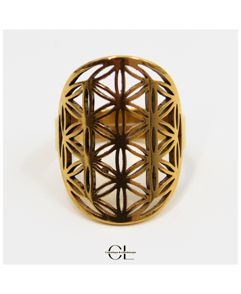 Bague Fleur de vie en acier inoxydable avec plaquage or
