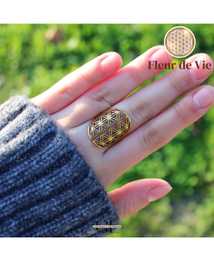 Bague Fleur de vie en acier inoxydable avec plaquage or
