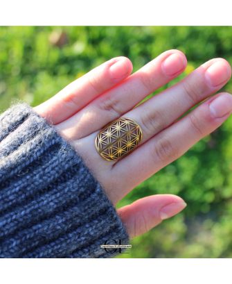 Bague Fleur de vie en acier inoxydable avec plaquage or