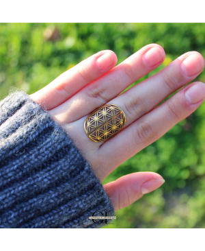 Bague Fleur de vie en acier inoxydable avec plaquage or