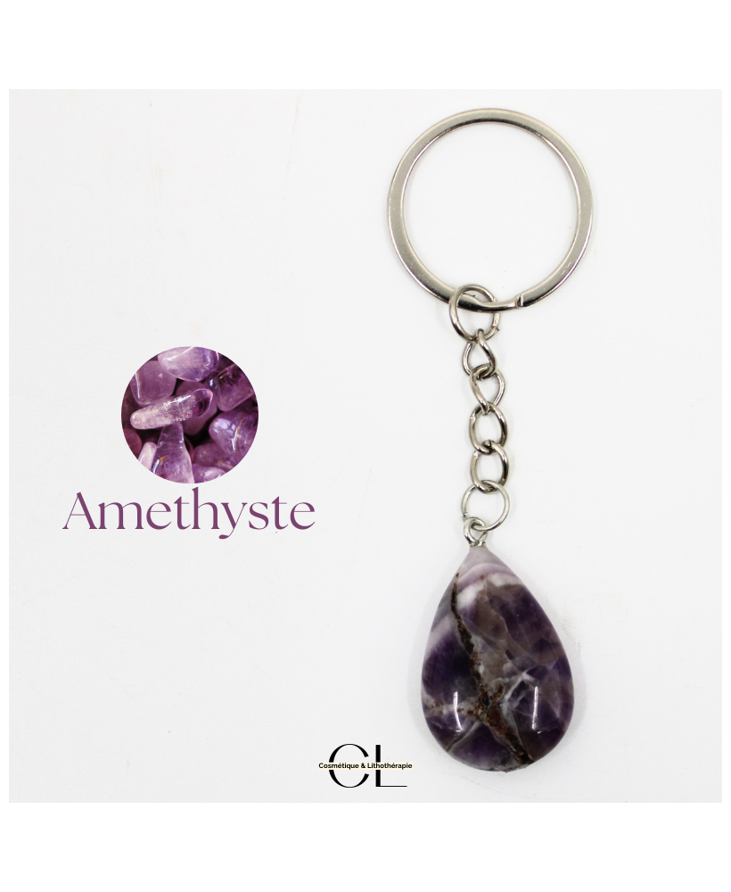 Porte-clefs avec pierre naturelle Amethyste AB 30mm en forme de goutte