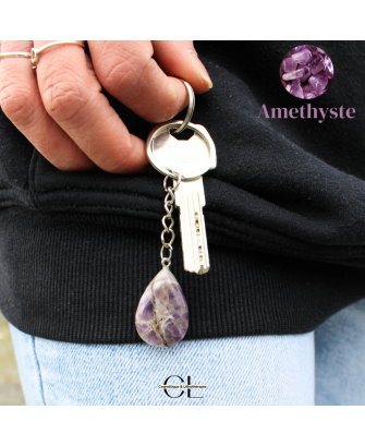 Porte-clefs avec pierre naturelle Amethyste AB 30mm en forme de goutte