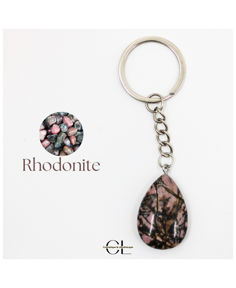 Porte-clefs avec pierre naturelle Rhodonite A 30mm en forme de goutte