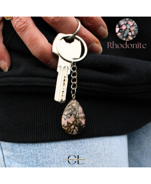 Porte-clefs avec pierre naturelle Rhodonite A 30mm en forme de goutte