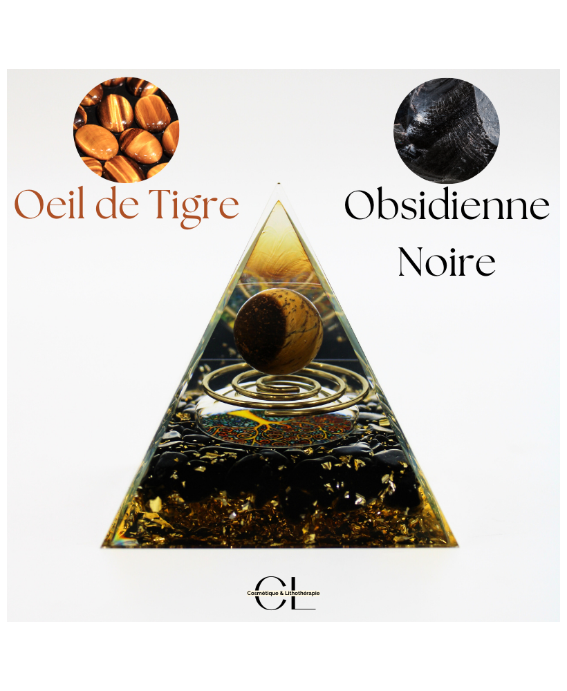 Orgonite pyramide Oeil de Tigre et Obsidienne Noire Arbre de Vie  Spirale