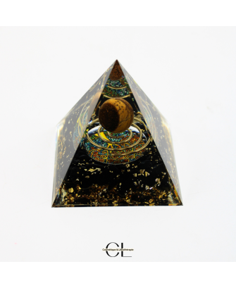 Orgonite pyramide Oeil de Tigre et Obsidienne Noire Arbre de Vie  Spirale