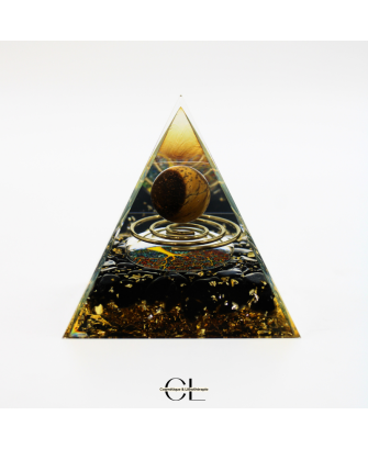 Orgonite pyramide Oeil de Tigre et Obsidienne Noire Arbre de Vie  Spirale