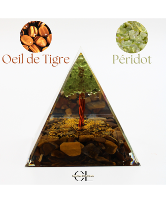 Orgonite pyramide Oeil de Tigre  Péridot Arbre de Vie
