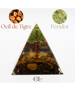 Orgonite pyramide Oeil de Tigre  Péridot Arbre de Vie