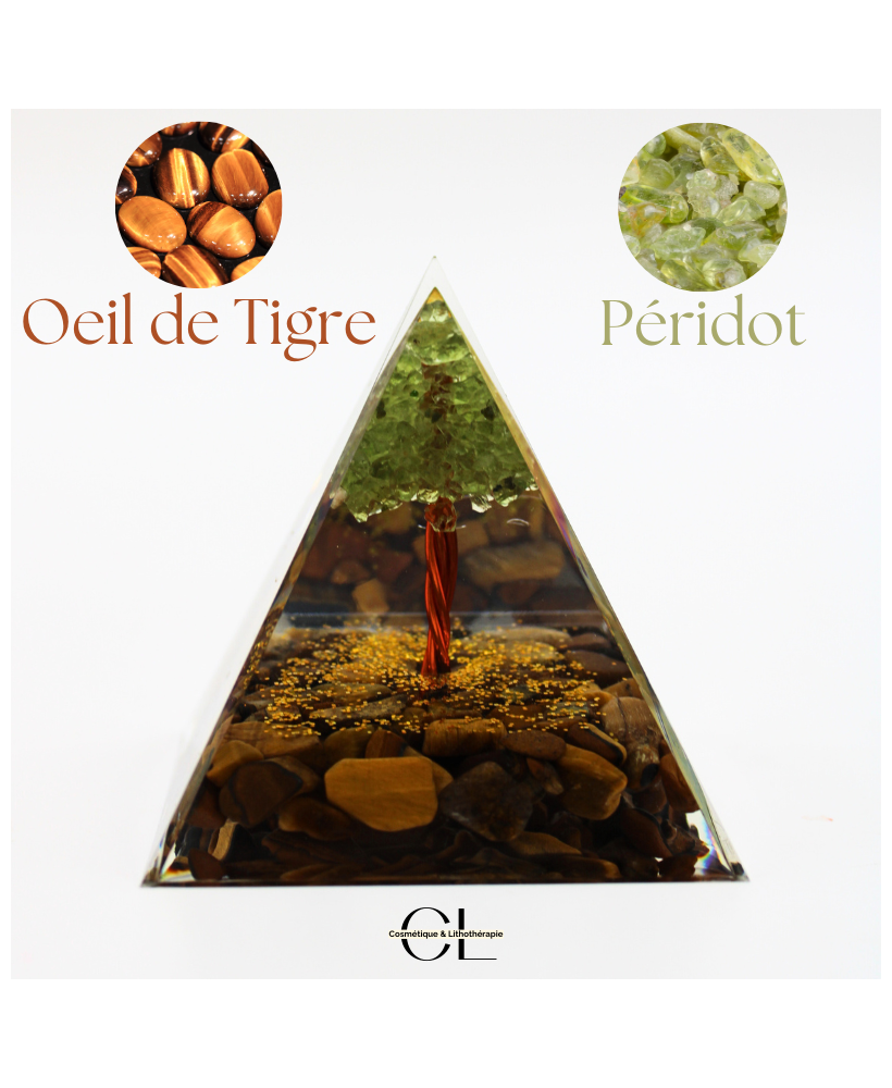 Orgonite pyramide Oeil de Tigre  Péridot Arbre de Vie