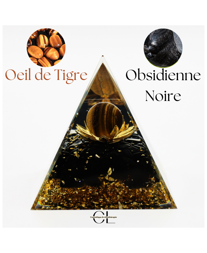 Orgonite pyramide Oeil de Tigre et Obsidienne Noire Lotus