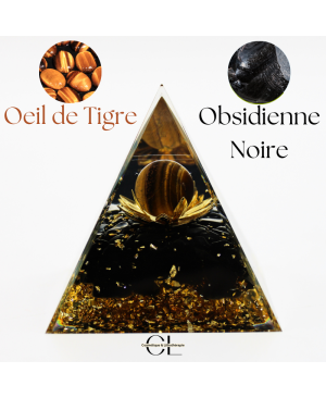 Orgonite pyramide Oeil de Tigre et Obsidienne Noire Lotus