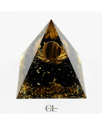 Orgonite pyramide Oeil de Tigre et Obsidienne Noire Lotus