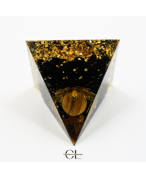 Orgonite pyramide Oeil de Tigre et Obsidienne Noire Lotus