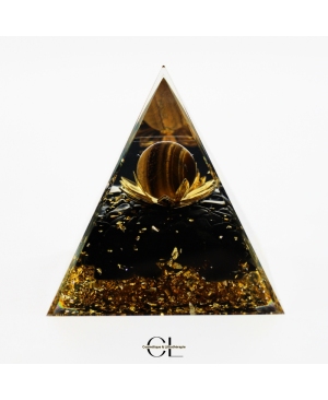 Orgonite pyramide Oeil de Tigre et Obsidienne Noire Lotus