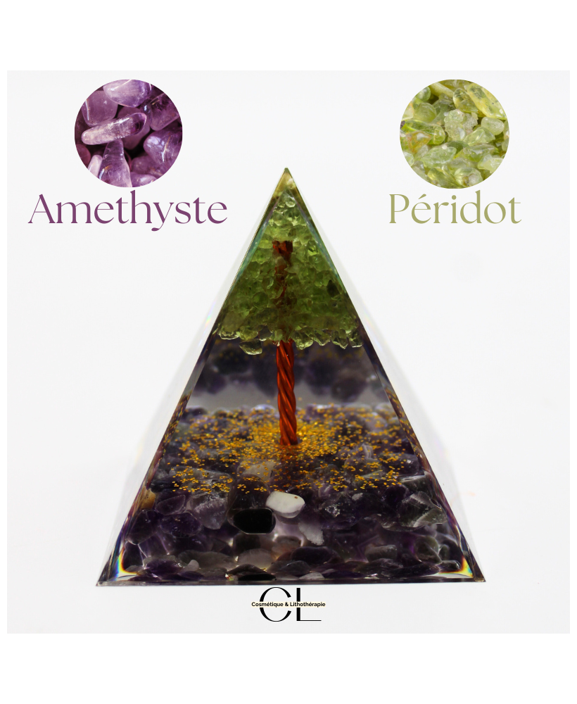 Orgonite pyramide Amethyste et Péridot Arbre de Vie