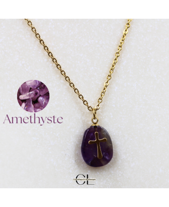 Collier chaine en acier inoxydable doré  avec pierre Améthyste A et Croix