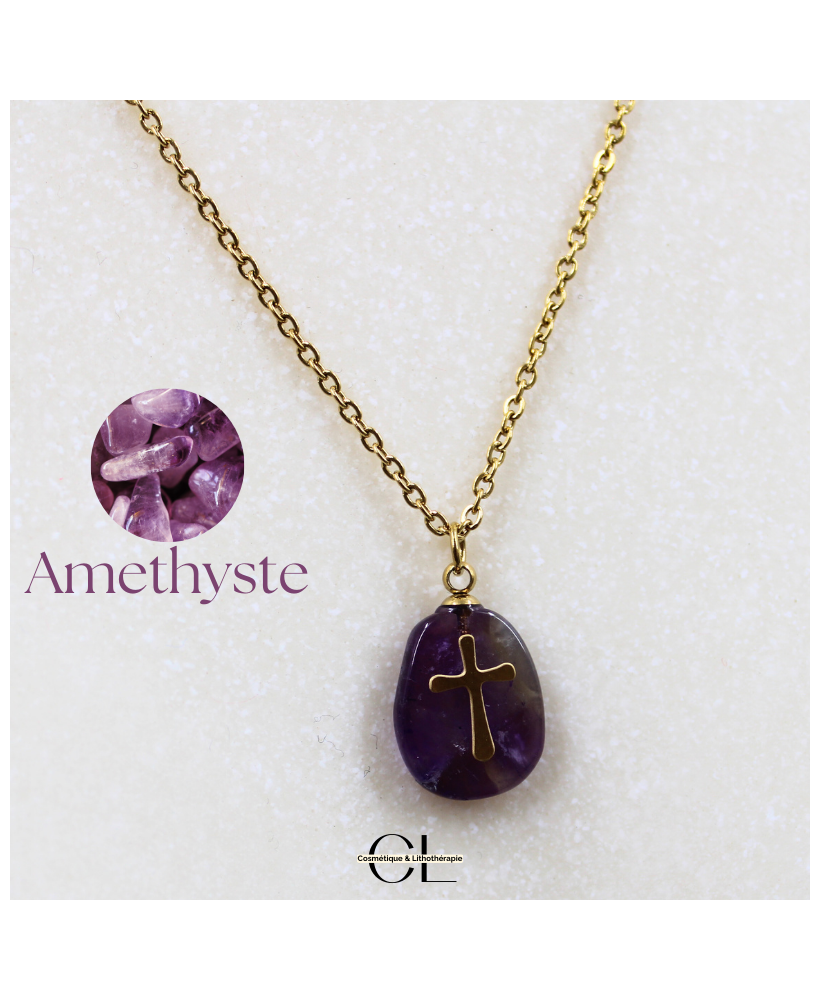 Collier chaine en acier inoxydable doré  avec pierre Améthyste A et Croix