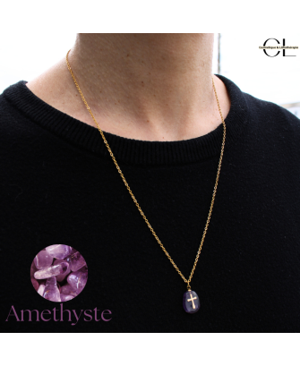 Collier chaine en acier inoxydable doré  avec pierre Améthyste A et Croix