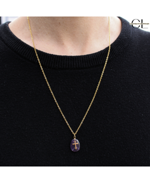 Collier chaine en acier inoxydable doré  avec pierre Améthyste A et Croix