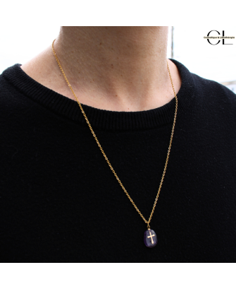 Collier chaine en acier inoxydable doré  avec pierre Améthyste A et Croix
