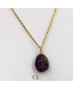 Collier chaine en acier inoxydable doré  avec pierre Améthyste A et Croix