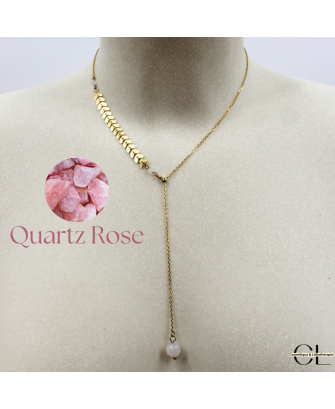 Collier chaine plume doré en forme Y  en acier inoxydable avec pierre Quartz Rose A 8mm