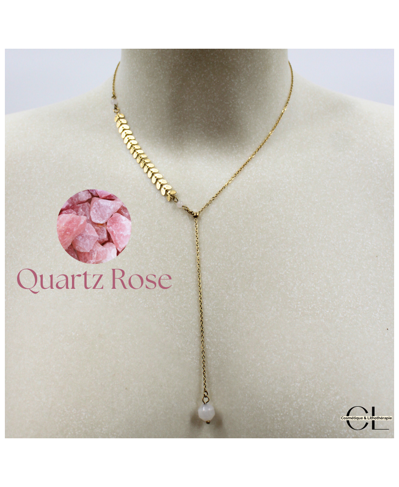 Collier chaine plume doré en forme Y  en acier inoxydable avec pierre Quartz Rose A 8mm