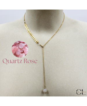 Collier chaine plume doré en forme Y  en acier inoxydable avec pierre Quartz Rose A 8mm