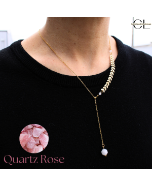 Collier chaine plume doré en forme Y  en acier inoxydable avec pierre Quartz Rose A 8mm