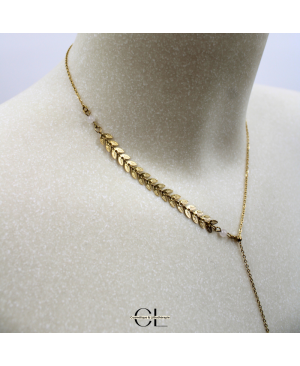 Collier chaine plume doré en forme Y  en acier inoxydable avec pierre Quartz Rose A 8mm