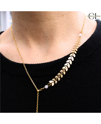 Collier chaine plume doré en forme Y  en acier inoxydable avec pierre Quartz Rose A 8mm