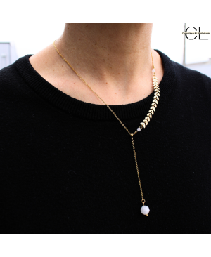 Collier chaine plume doré en forme Y  en acier inoxydable avec pierre Quartz Rose A 8mm