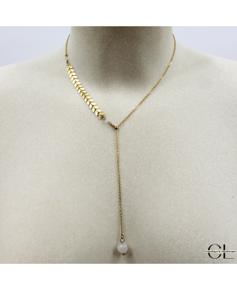 Collier chaine plume doré en forme Y  en acier inoxydable avec pierre Quartz Rose A 8mm