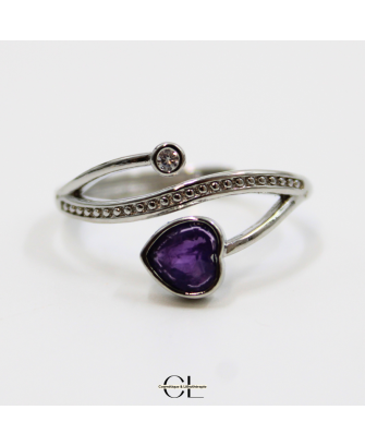 Bague en cuivre blanc ajustable facetté Amethyste AA en forme de cœur