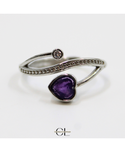 Bague en cuivre blanc ajustable facetté Amethyste AA en forme de cœur