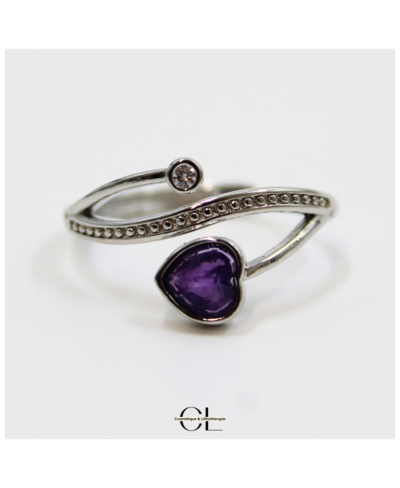 Bague en cuivre blanc ajustable facetté Amethyste AA en forme de cœur