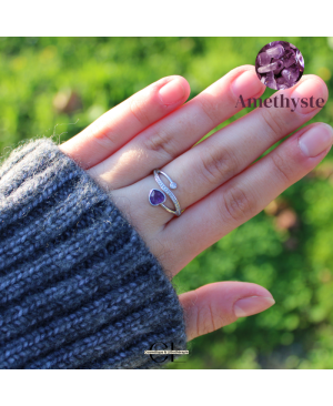 Bague en cuivre blanc ajustable facetté Amethyste AA en forme de cœur