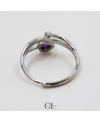 Bague en cuivre blanc ajustable facetté Amethyste AA en forme de cœur