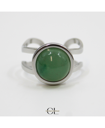 Bague en acier inoxydable argentée avec pierre Aventurine Verte A