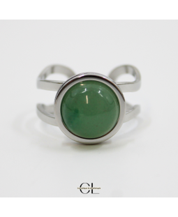 Bague en acier inoxydable argentée avec pierre Aventurine Verte A