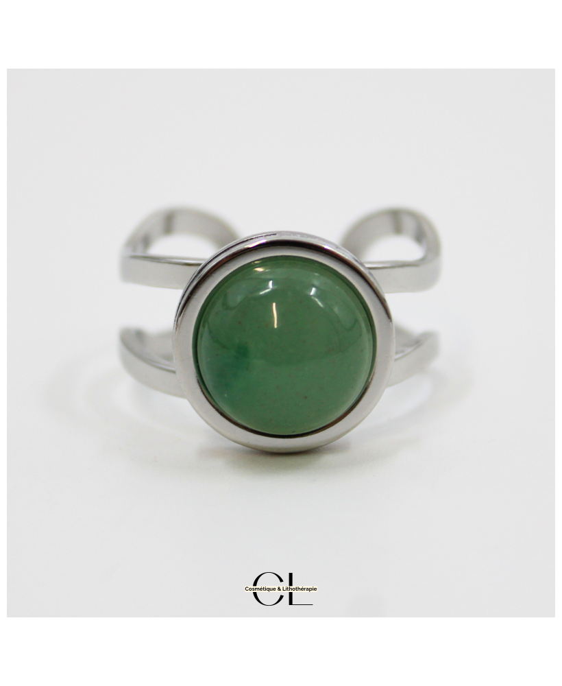 Bague en acier inoxydable argentée avec pierre Aventurine Verte A