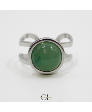 Bague en acier inoxydable argentée avec pierre Aventurine Verte A