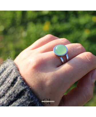 Bague en acier inoxydable argentée avec pierre Aventurine Verte A