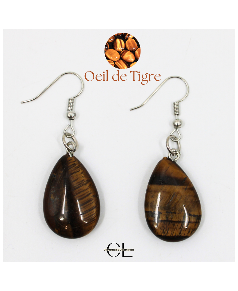 Boucles d'oreilles avec pierre Oeil de Tigre A en forme de goutte 25mm
