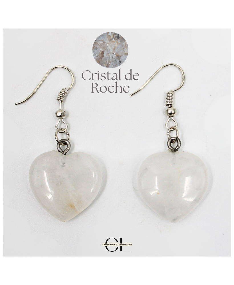 Boucles d'oreilles avec pierre Cristal de Roche AB en forme de coeur 20mm