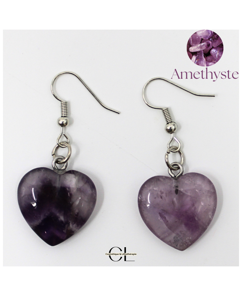 Boucles d'oreilles avec pierre Amethyste AB en forme de coeur 20mm