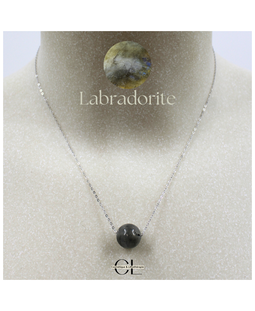 Collier en argent 925  avec pierre Labradorite A Boule 12mm