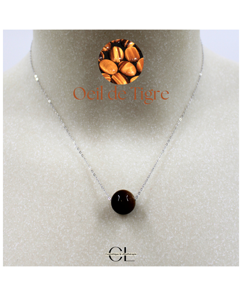 Collier en argent 925 avec pierre Oeil de Tigre AA boule 12mm